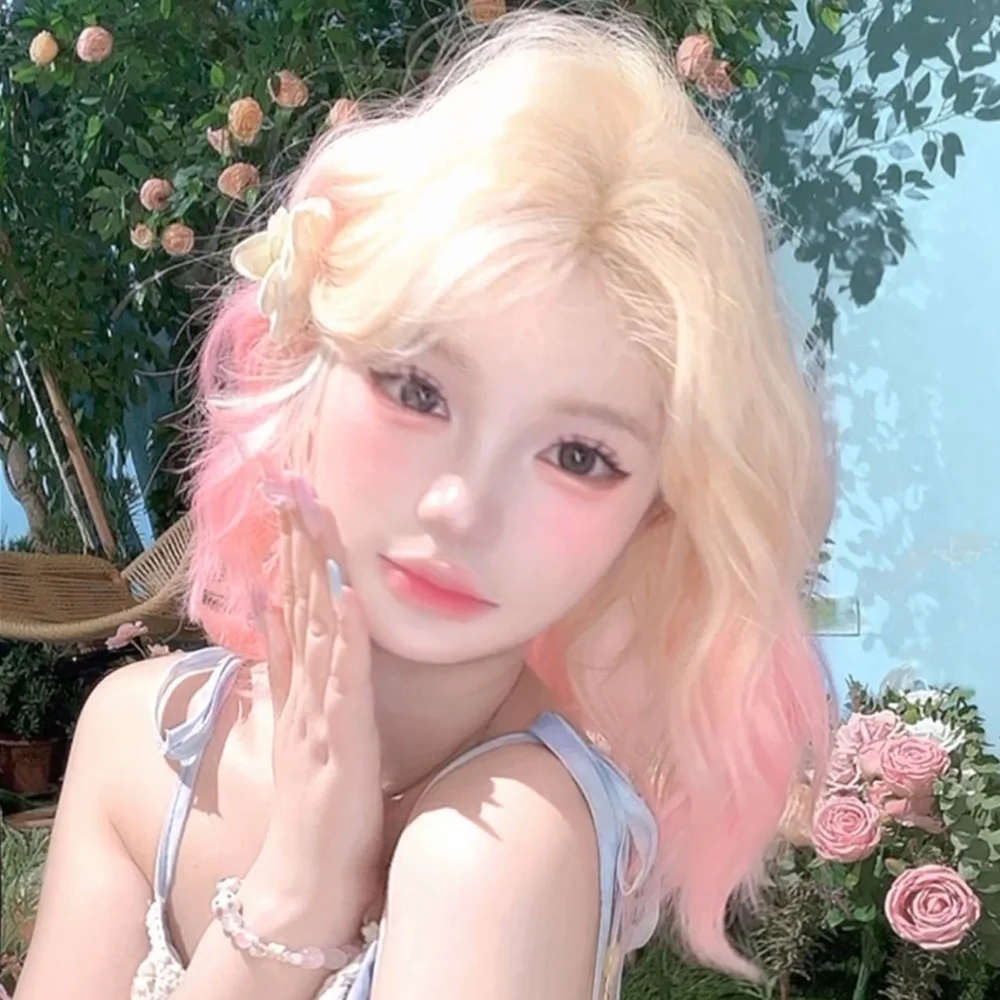 Premium Synthetic Peach Soda Pop Clip-in Short Wavy Wig - Blond Pink Ombre